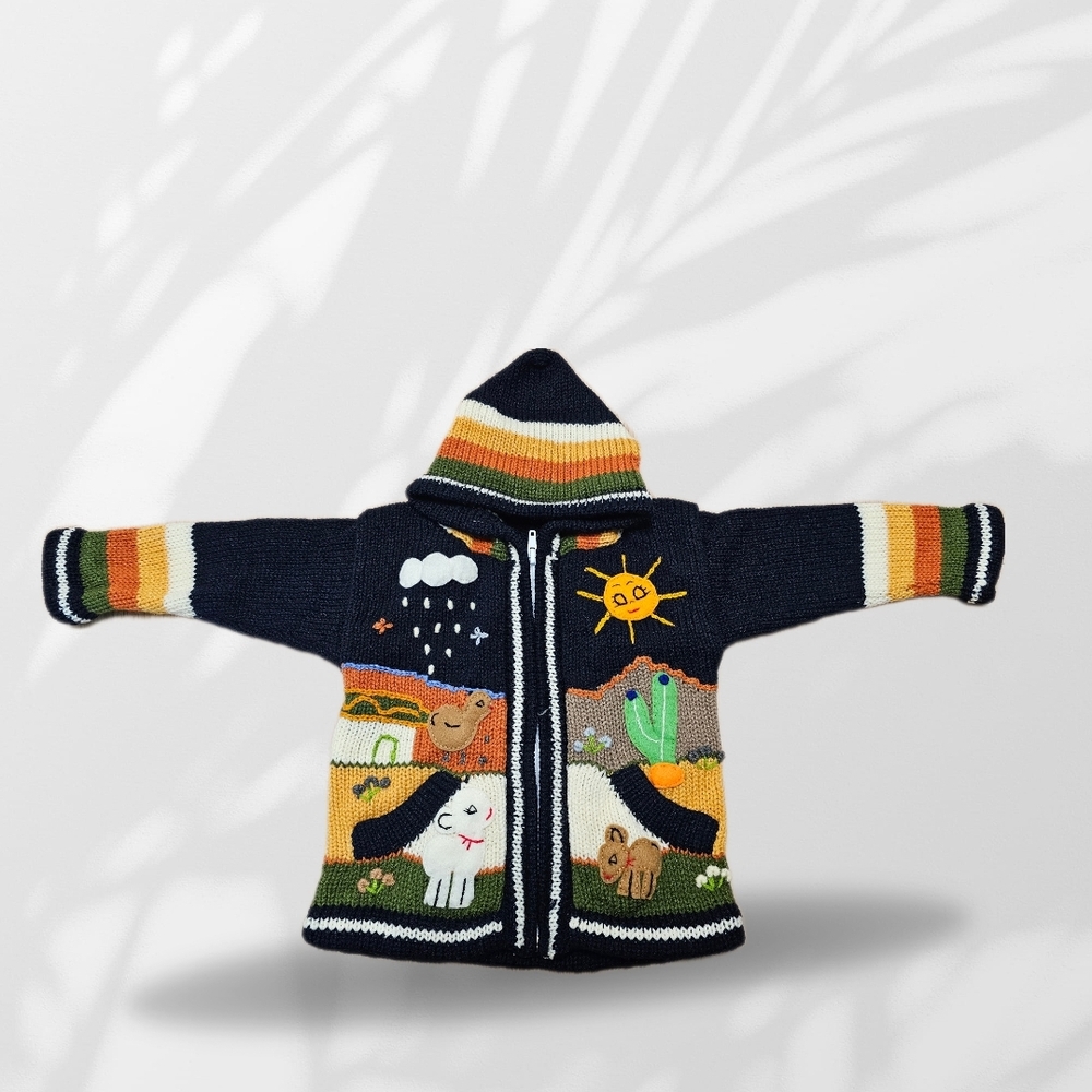 Colorful Hooded Knit Sweater with Animal Design Size 2